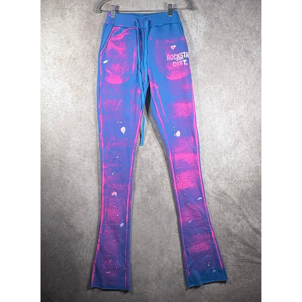Rockstar Original Sweatpants Mens Small Blue Pink Carmichael Stacked Flare Paint